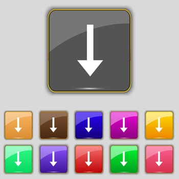 Arrow down, Download, Load, Backup icon sign. Set with eleven colored buttons for your site. illustration