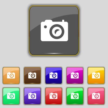 Digital photo camera icon sign. Set with eleven colored buttons for your site. illustration