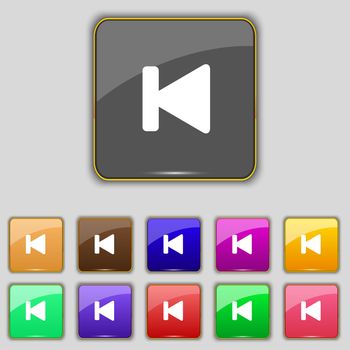 fast backward icon sign. Set with eleven colored buttons for your site. illustration