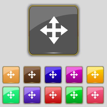 Deploying video, screen size icon sign. Set with eleven colored buttons for your site. illustration