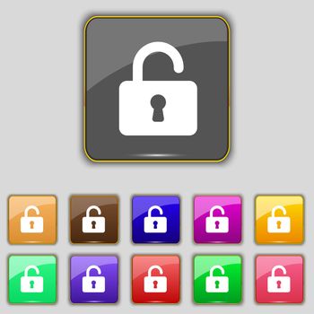 Open Padlock icon sign. Set with eleven colored buttons for your site. illustration