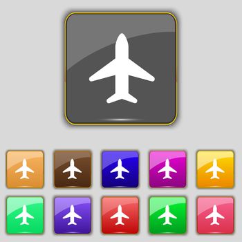 Airplane, Plane, Travel, Flight icon sign. Set with eleven colored buttons for your site. illustration