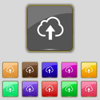 Upload from cloud icon sign. Set with eleven colored buttons for your site. illustration