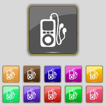 MP3 player, headphones, music icon sign. Set with eleven colored buttons for your site. illustration
