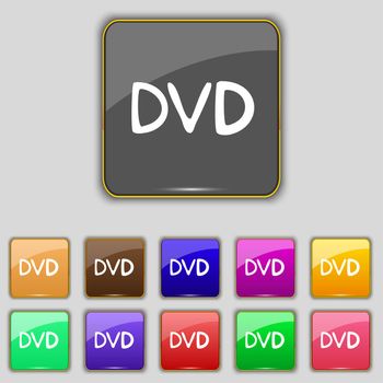 dvd icon sign. Set with eleven colored buttons for your site. illustration