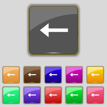 Arrow left, Way out icon sign. Set with eleven colored buttons for your site. illustration