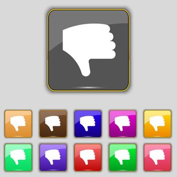Dislike, Thumb down, Hand finger down icon sign. Set with eleven colored buttons for your site. illustration