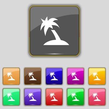 Palm Tree, Travel trip icon sign. Set with eleven colored buttons for your site. illustration
