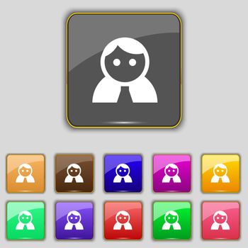 Female, Woman human, Women toilet, User, Login icon sign. Set with eleven colored buttons for your site. illustration