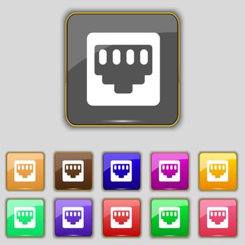 cable rj45, Patch Cord icon sign. Set with eleven colored buttons for your site. illustration