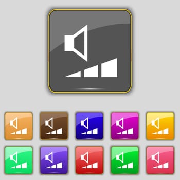 volume, sound icon sign. Set with eleven colored buttons for your site. illustration