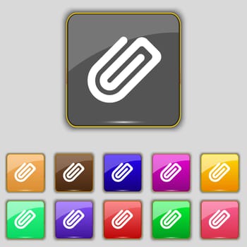 Paper Clip icon sign. Set with eleven colored buttons for your site. illustration