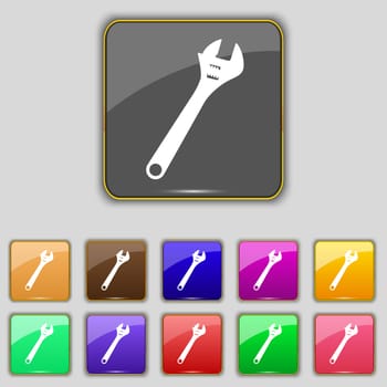 wrench icon sign. Set with eleven colored buttons for your site. illustration