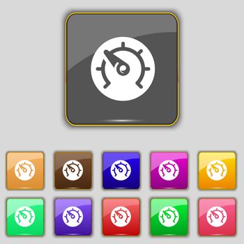 speed, speedometer icon sign. Set with eleven colored buttons for your site. illustration