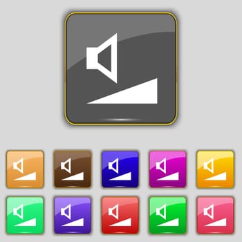 volume, sound icon sign. Set with eleven colored buttons for your site. illustration