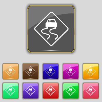 Road slippery icon sign. Set with eleven colored buttons for your site. illustration