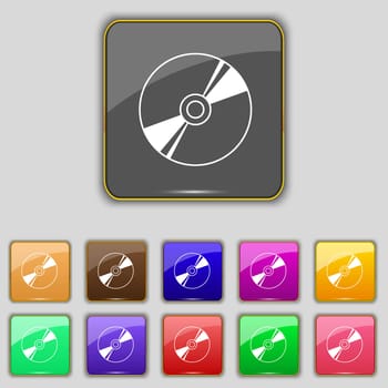 Cd, DVD, compact disk, blue ray icon sign. Set with eleven colored buttons for your site. illustration