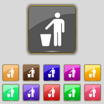 throw away the trash icon sign. Set with eleven colored buttons for your site. illustration