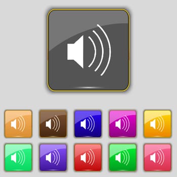 volume, sound icon sign. Set with eleven colored buttons for your site. illustration