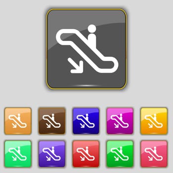 elevator, Escalator, Staircase icon sign. Set with eleven colored buttons for your site. illustration
