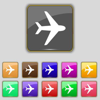 Plane icon sign. Set with eleven colored buttons for your site. illustration