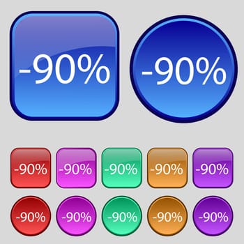 90 percent discount sign icon. Sale symbol. Special offer label. Set of colored buttons illustration