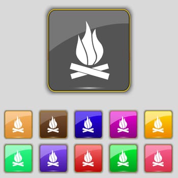 A fire icon sign. Set with eleven colored buttons for your site. illustration