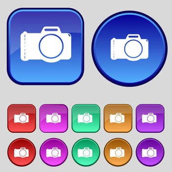 Photo camera sign icon. Digital symbol. Set colourful buttons. illustration