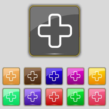 Plus icon sign. Set with eleven colored buttons for your site. illustration