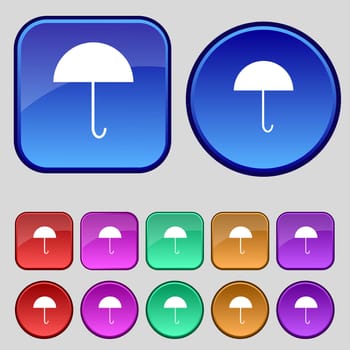 Umbrella sign icon. Rain protection symbol. Set colourful buttons. illustration