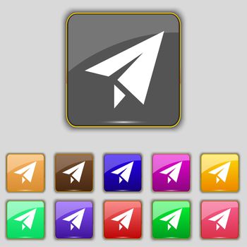 Paper airplane icon sign. Set with eleven colored buttons for your site. illustration