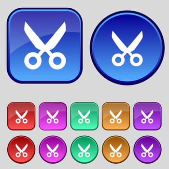 Scissors hairdresser sign icon. Tailor symbol. Set colourful buttons. illustration