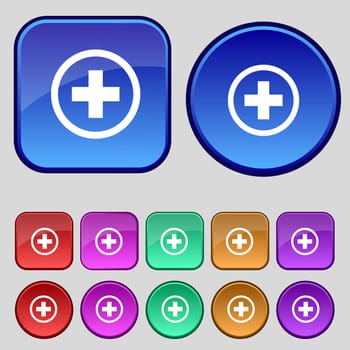 Plus sign icon. Positive symbol. Zoom in.Set colourful buttons illustration