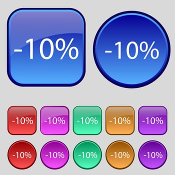 10 percent discount sign icon. Sale symbol. Special offer label. Set of colored buttons illustration