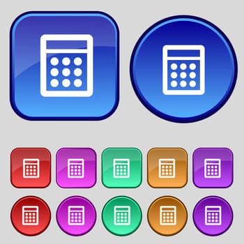 Calculator sign icon. Bookkeeping symbol. Set colour buttons. illustration