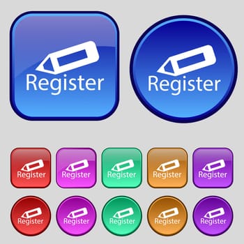 Register sign icon. Membership symbol. Website navigation. Set of colored buttons. illustration