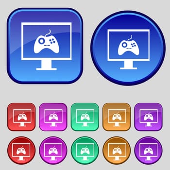 Joystick and monitor sign icon. Video game symbol. Set colourful buttons. illustration