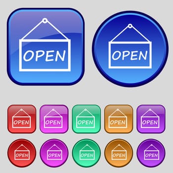 open icon sign. A set of twelve vintage buttons for your design. illustration