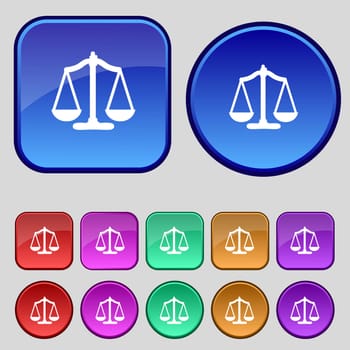 Scales of Justice sign icon. Court law symbol. Set colourful buttons. illustration