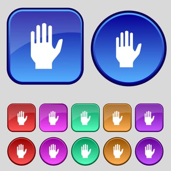 Hand print sign icon. Stop symbol. Set colour buttons. illustration