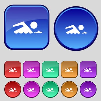 Swimming sign icon. Pool swim symbol. Sea wave. Set colourful buttons illustration