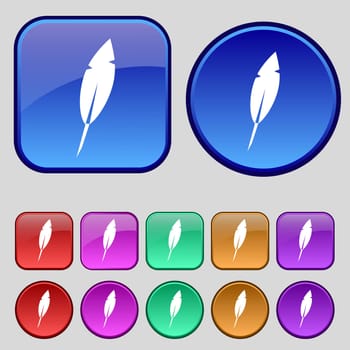Feather sign icon. Retro pen symbol. Set of colored buttons illustration