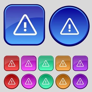Attention caution sign icon. Exclamation mark. Hazard warning symbol. Set colour buttons illustration