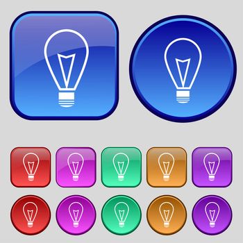 Light lamp sign icon. Idea symbol. Lightis on. Set of colored buttons. illustration