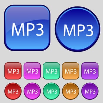 Mp3 music format sign icon. Musical symbol. Set of colored buttons. illustration
