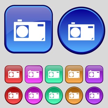 Photo camera sign icon. Digital symbol. Set colourful buttons. illustration