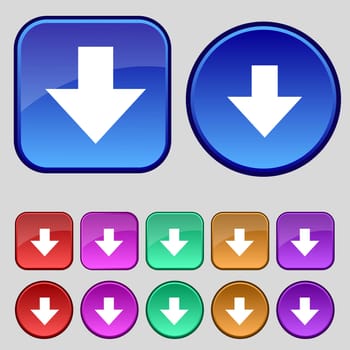 Download sign. Downloading flat icon. Load label. Set colourful buttons illustration