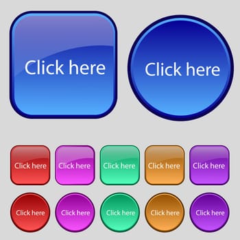 Click here sign icon. Press button. Set of colored buttons. illustration