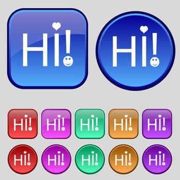 HI sign icon. India translation symbol. Set of colored buttons. illustration