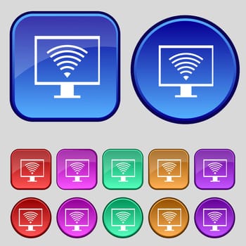 wi fi and monitor sign icon. Video game symbol. Set colourful buttons. illustration